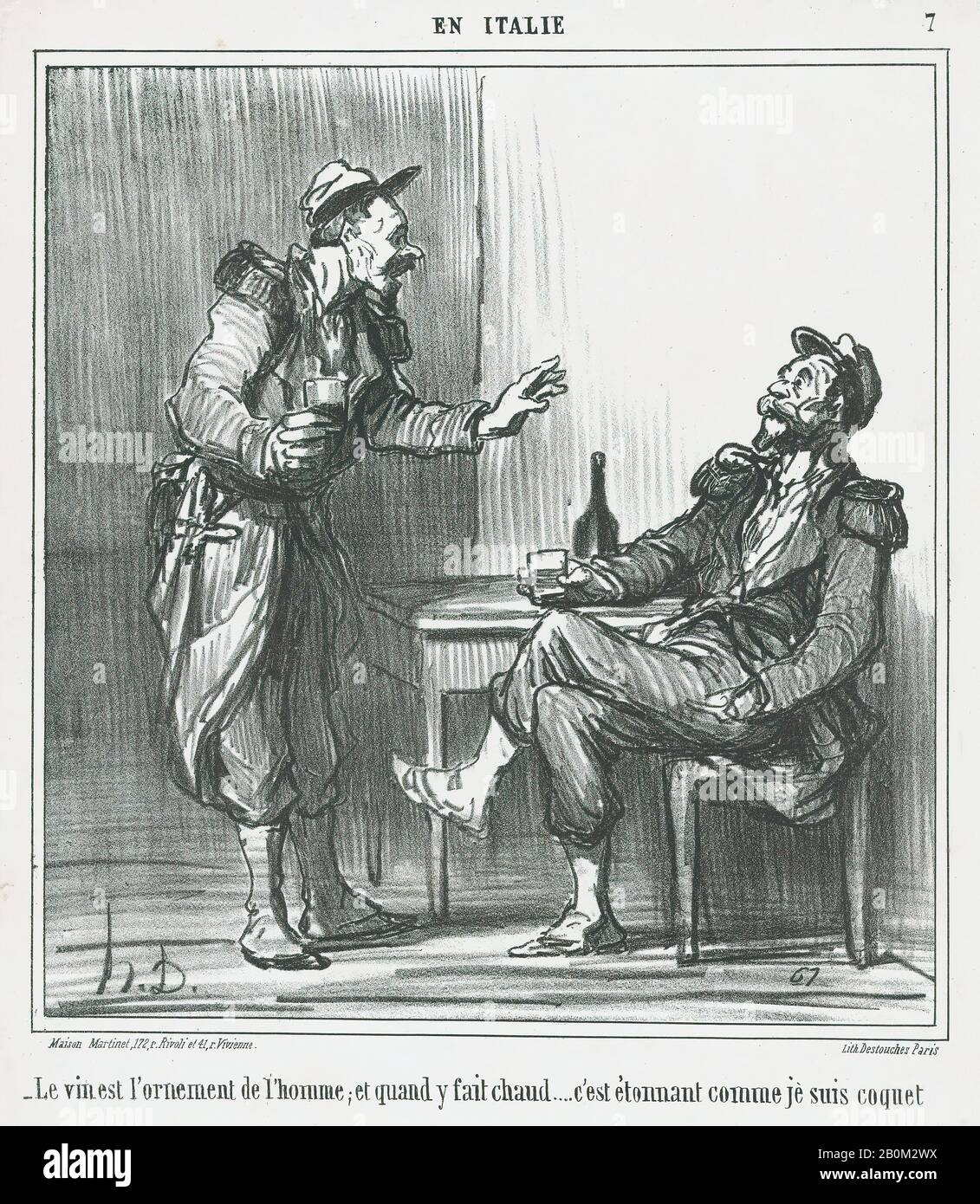 Honoré Daumier, le vin est l'ornamento de l'homme, di En Italie, pubblicato in le Charivari, 9 agosto 1859, En Italie, Honoré Daumier (francese, Marsiglia 1808–1879 Valmondois), 9 agosto 1859, Litograph; secondo stato di quattro (Delteil; Hazard & Delteil), immagine: 13/16/16/×. (24,9 × 23 cm), foglio: 14 1/16 × 11 1/2 in. (35,7 × 29,2 cm), stampe Foto Stock