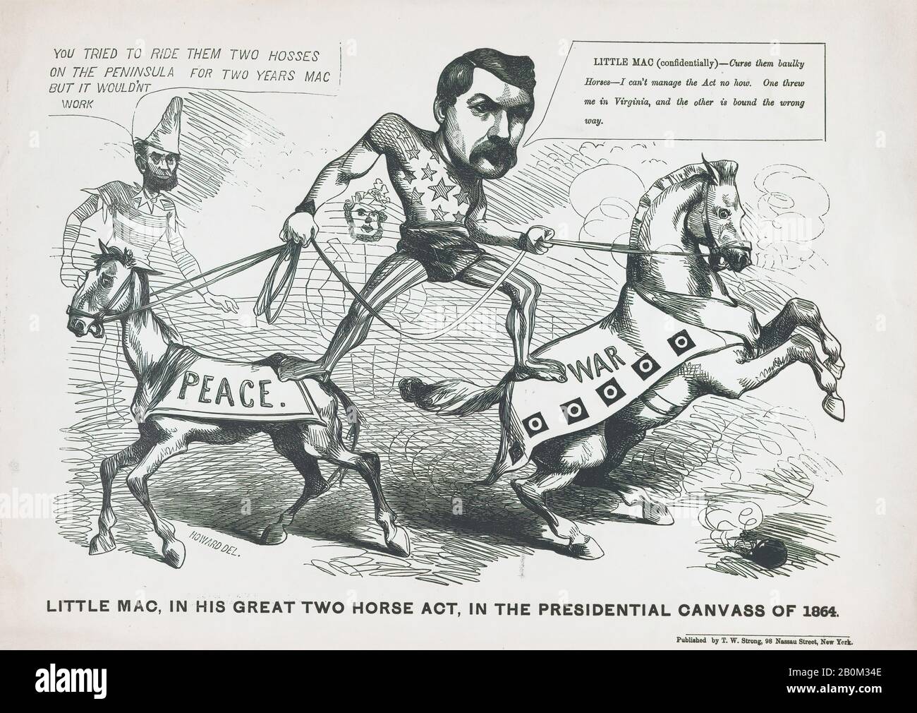 Justin H. Howard, Piccolo Mac, nel Suo grande Due cavallo atto, nel Presendential tela di 1864, Justin H. Howard (americano, attivo 1856–80), 1864, litografo, foglio: 11 1/2 x 16 7/16 in. (29,2 x 41,8 cm), stampe Foto Stock