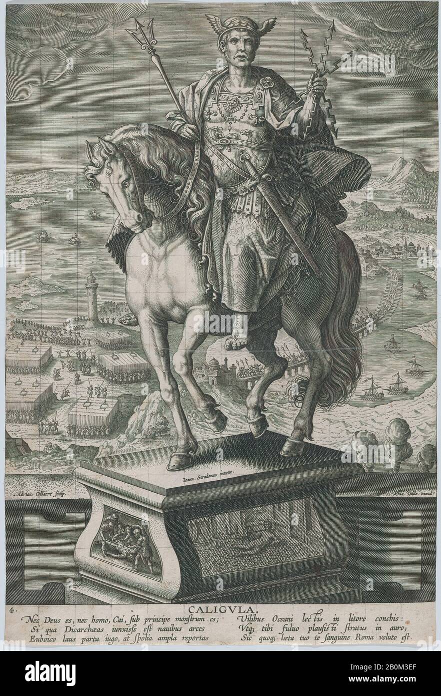 Adriaen Collaert, Piatto 4: Statua equestre di Caligula, visto tre quarti a sinistra, indossando un casco alato e tenendo frecce a doppia testa, una scena militare sullo sfondo, da 'imperatori romani su Horseback', 'imperatori romani su Horseback', Adriaen Collaert (Netherlandish, Anversa ca. 1560–1618 Anversa), Dopo Jan van der Straet, chiamato Stradanus (Netherlandish, Bruges 1523–1605 Firenze), ca. 1587–89, incisione, squadrata in grafite, foglio (Rifilato): 12 5/8 × 8 9/16 in. (32,1 × 21,7 cm), stampe Foto Stock