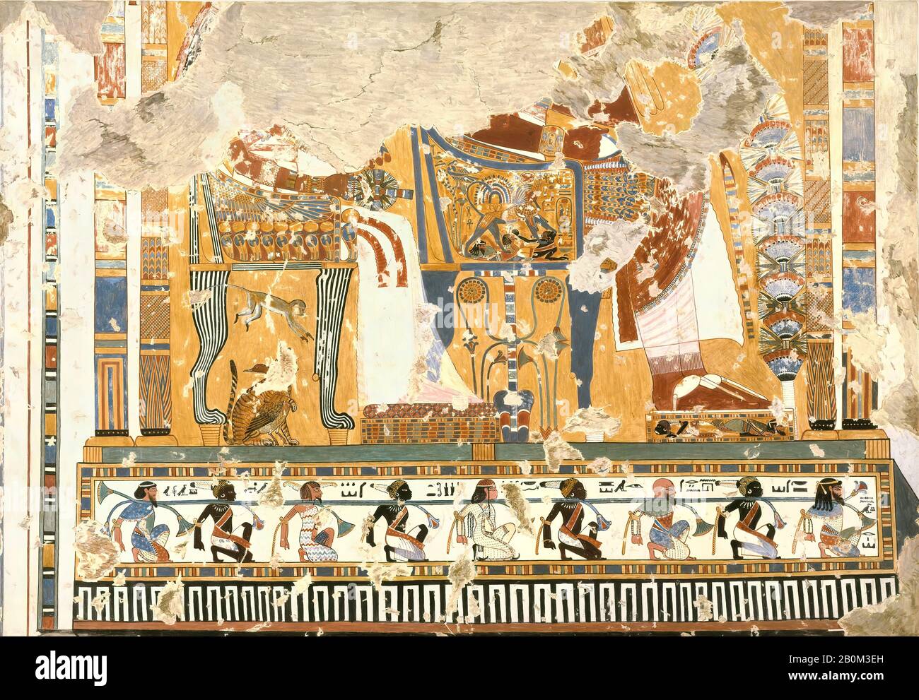 Nina de Garis Davies, Amenhotep III e la regina Tiye entronato Sotto un chiosco, Tomba di Anen, nuovo Regno, Nina de Garis Davies (1881–1965), Dinastia 18, regno di Amenhotep III, ca. 1390–1352 a.C., Dall'Egitto, dall'Egitto superiore, Tebe, Sceicco Abd el-Qurna, Tomba di Anen, 1931, Tempera su carta, facsimile: H. 71.2 × W. 103.4 cm (28 1/16 × 40 11/16 in.); Incorniciata: H. 73 × W. 104.5 cm (28 3/4 × 41 1/8 in.); Scala 1:2 Foto Stock