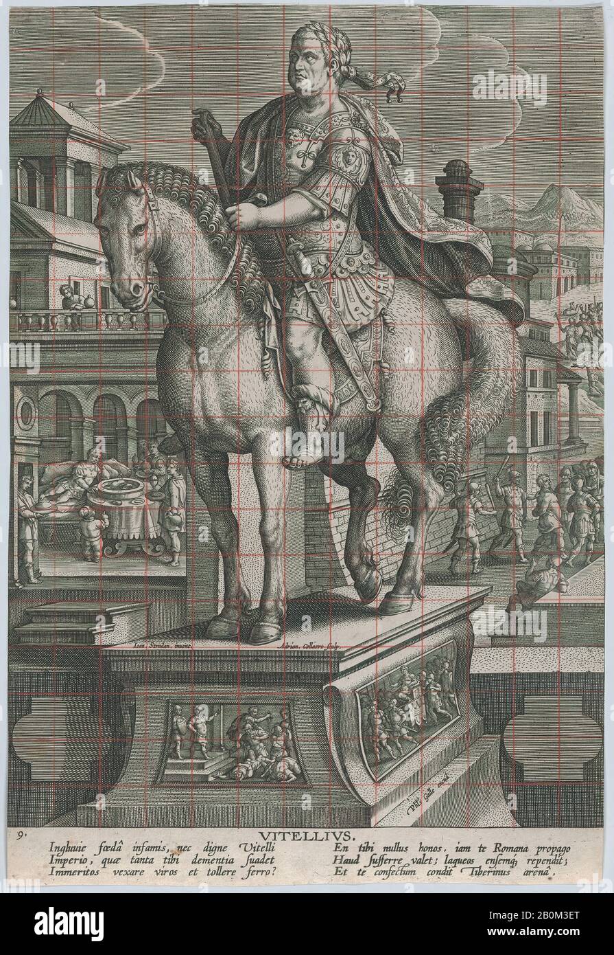 Adriaen Collaert, Piatto 9: Statua equestre di Vitellio, visto tre quarti a sinistra, con la sua scena di morte sullo sfondo a destra, il suo corpo essere gettato nel Tevere in alto a destra, da 'imperatori romani su Horseback', 'imperatori romani su Horseback', Adriaen Collaert (Netherlandish, Anversa ca. 1560–1618 Anversa), Dopo Jan van der Straet, chiamato Stradanus (Netherlandish, Bruges 1523–1605 Firenze), ca. 1587–89, incisione, quadrata in rosso, foglio (Rifilato): 12 11/16 × 8 9/16 in. (32,3 × 21,8 cm), stampe Foto Stock