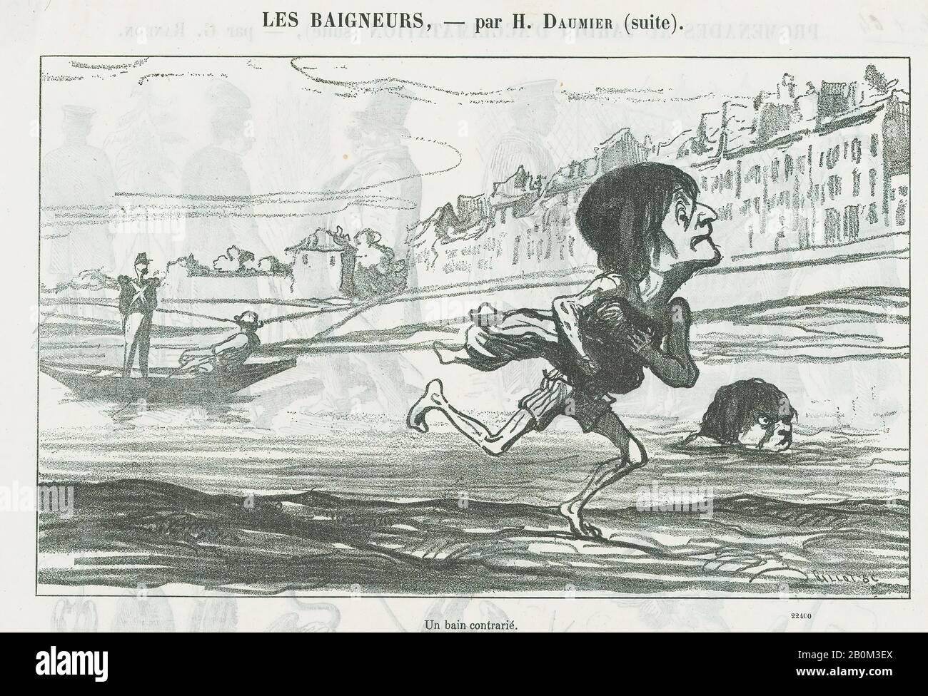 Honoré Daumier, un piacere di nuoto proibito, dai "bagnanti", pubblicato in le Petit Journal pour Rire, 6 agosto 1864, 'i bagnanti' (Les Baigneurs), Honoré Daumier (francese, Marsiglia 1808–1879 Valmondois), 6 agosto 1864, Lithograph su carta da giornale; terzo stato di tre (1/8 Deltiel), immagine: × 13/6 agosto 1864 in 13/6. (15,5 × 25 cm), foglio: 7 1/2 in. × 11 poll. (19,1 × 27,9 cm), stampe Foto Stock