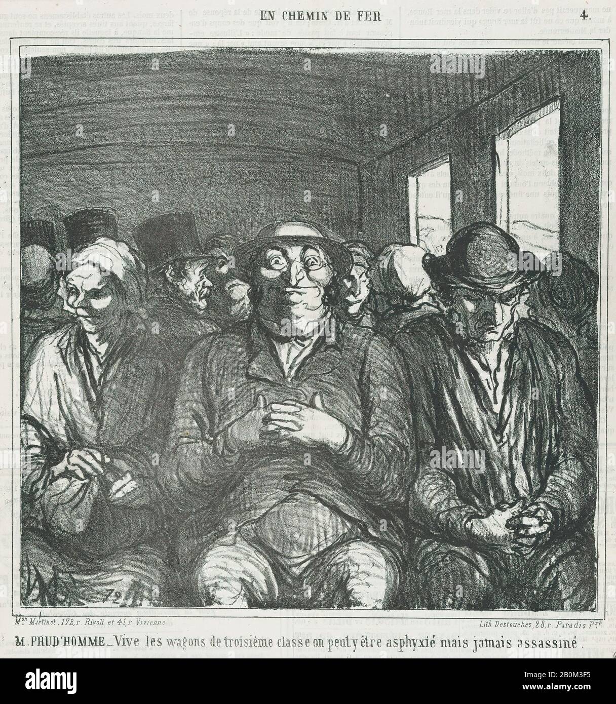 Honoré Daumier, Sig. PRUDHOMME: Viva i compartimenti di terza classe, da 'Sul treno', pubblicato in le Charivari, 30 agosto 1864, 'Sul treno' (En chemin de fer), Honoré Daumier (francese, Marsiglia 1808–1879 Valmondois), 30 agosto 1864, Litograph su carta da giornale; terza immagine di Delteil (Delteil): 8 13/16 × 9 1/8 in. (22,4 × 23,1 cm), foglio: 11 9/16 × 10 13/16 in. (29,3 × 27,5 cm), stampe Foto Stock