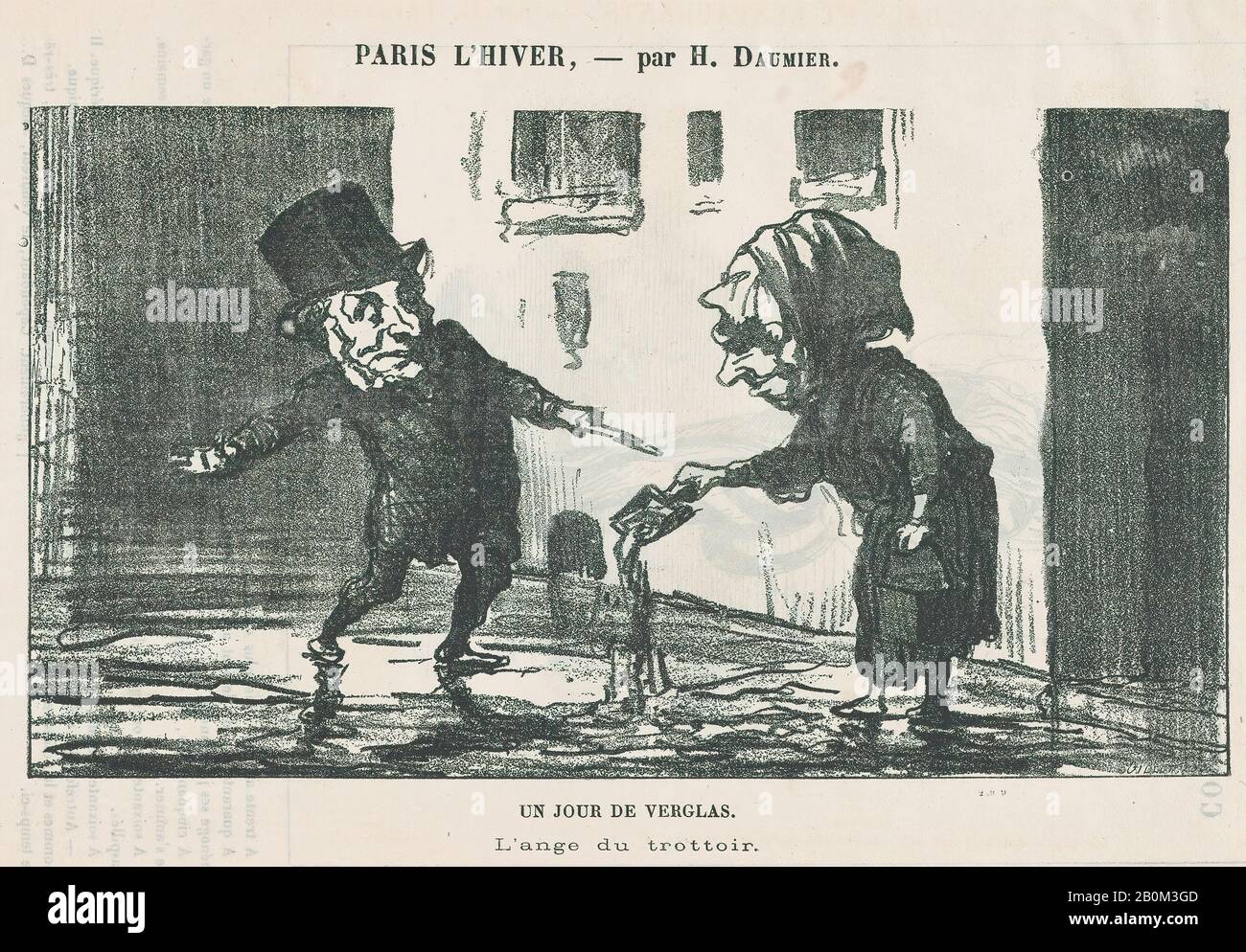 Honoré Daumier, un giorno di ghiaccio nero, l'angelo del marciapiede, da 'Parigi in inverno', pubblicato in le Petit Journal pour Rire, 18 febbraio 1865, 'Parigi in inverno' (Paris l'hiver), Honoré Daumier (francese, Marsiglia 1808–1879 Valmondois), 18 febbraio 1865, Litograph on newspaper; immagine di Delteil terzo stato: 5 1/2 × 9 3/4 in. (13,9 × 24,8 cm), foglio: 8 1/4 × 11 13/16 in. (21 × 30 cm), stampe Foto Stock