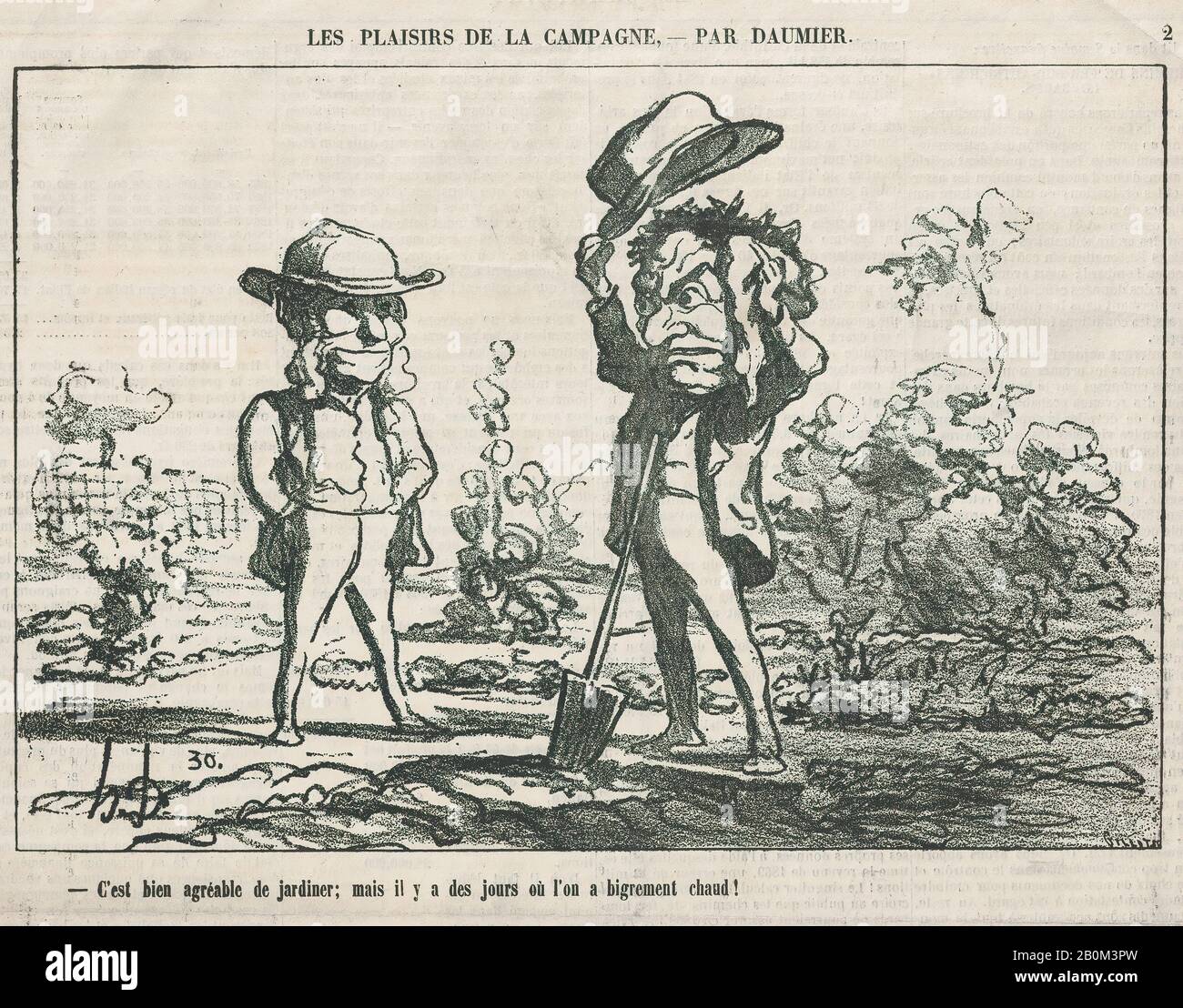 Honoré Daumier, Lavorare in giardino può essere divertente, ma ci sono giorni in cui è solo troppo caldo maledetto!, Si gioisce in pura felicità incontaminata quando si raccolgono le proprie mele, almeno finché non si rompe il collo, Dalle "gioie della vita contadina", pubblicate in le Charivari, 14 settembre 1865, "le gioie della vita contadina" (Les plaisirs de la campagne), Honoré Daumier (francese, Marsiglia 1808–1879 Valmondois), 14 settembre 1865, litografia su carta da giornale; secondo stato di due (Delteil), immagine: 9 13/16 × 8. (25 × 21,6 cm), foglio: 14 3/4 × 11 5/16 in. (37,5 × 28,8 cm), stampe Foto Stock