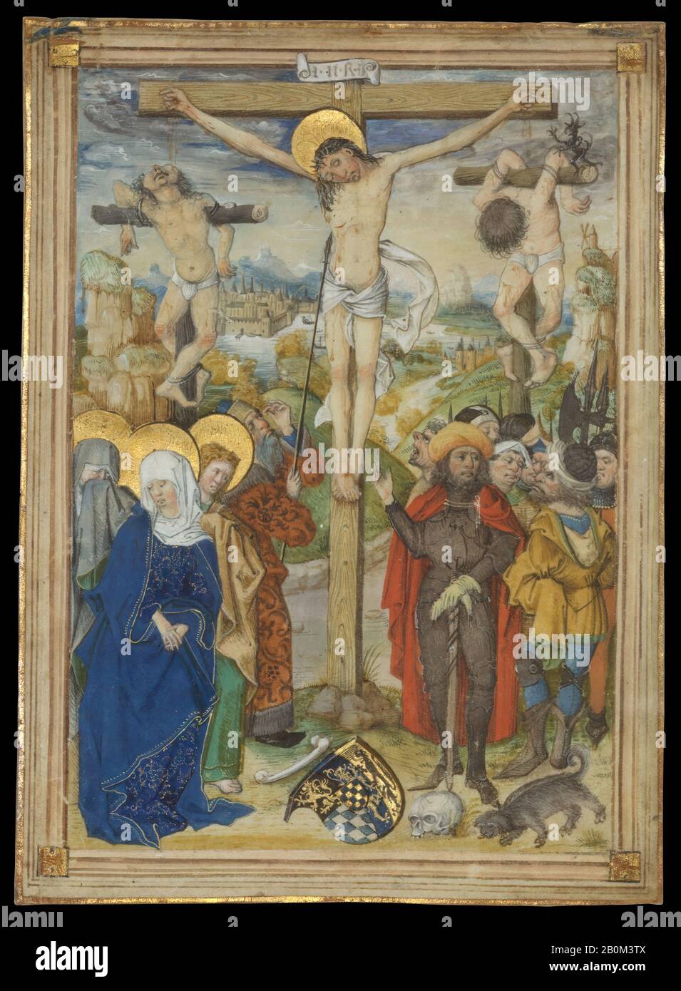 Circolo del Maestro della Casa, la Crocifissione, tedesco, forse Magonza e/o Colonia, Circolo del Maestro della Casa (tedesco, attivo Medio Renania, ca. 1470–1500), 1481–82, tedesco, eventualmente Magonza e/o Colonia, Tempera su pergamena, 6 5/8 x 4 13/16 in. (16,8 x 12,2 cm), manoscritti e illuminazioni Foto Stock