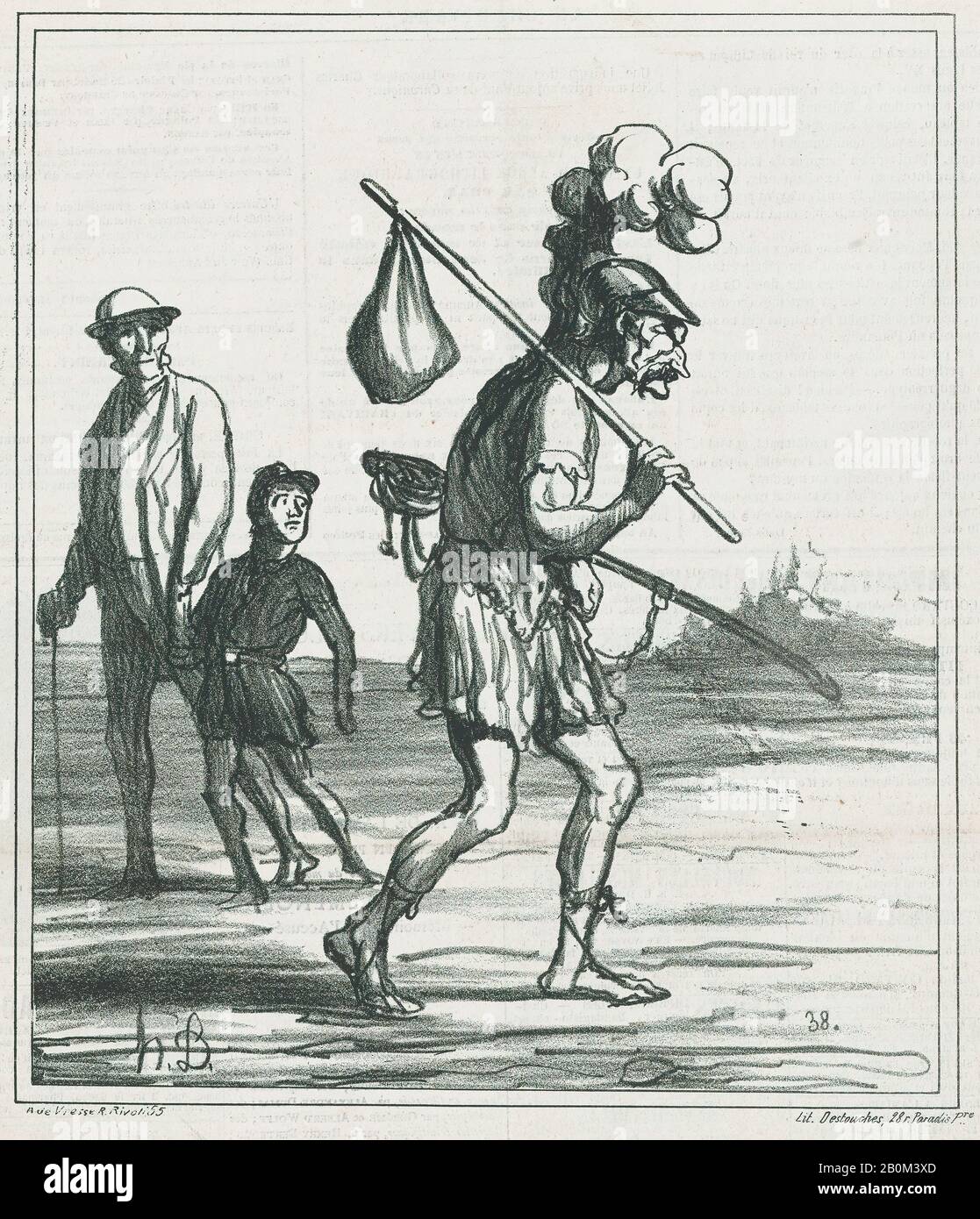 Honoré Daumier, quanto curioso, non sembra essere molto felice di prendere la sua vacanza, da 'News del giorno,' pubblicato in le Charivari, 13 agosto 1866, 'News del giorno' (Actualités), Honoré Daumier (francese, Marsiglia 1808–1879 Valmondois), 13 agosto 1866, Lithograph on Image; Delteil state, due: 9 7/8 × 8 7/16 in. (25,1 × 21,5 cm), foglio: 11 5/8 × 11 5/16 in. (29,6 × 28,8 cm), stampe Foto Stock