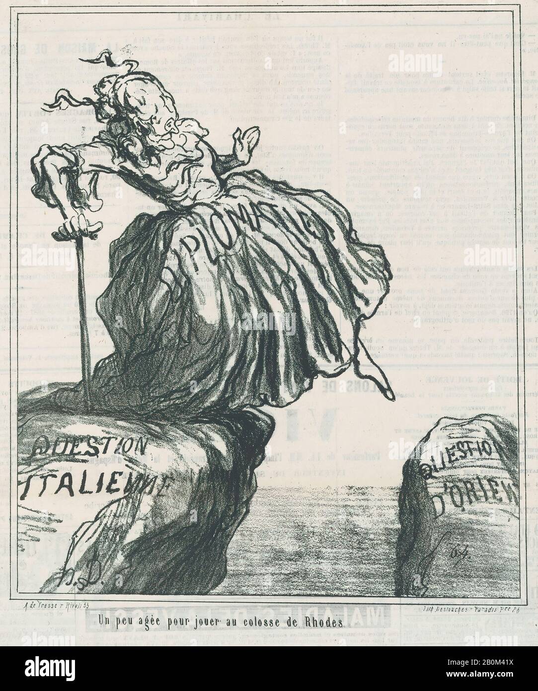 Honoré Daumier, un po 'troppo vecchio per giocare 'Colosso di Rodi,' da 'News del giorno,' pubblicato in le Charivari, 10 dicembre 1867, 'News del giorno' (Actualités), Honoré Daumier (francese, Marsiglia 1808–1879 Valmondois), 10 dicembre 1867, Litograph su carta da giornale; immagine di Delteil, secondo stato: 9 1/2 × 8 3/16 in. (24,2 × 20,8 cm), foglio: 12 15/16 × 11 9/16 in. (32,9 × 29,3 cm), stampe Foto Stock