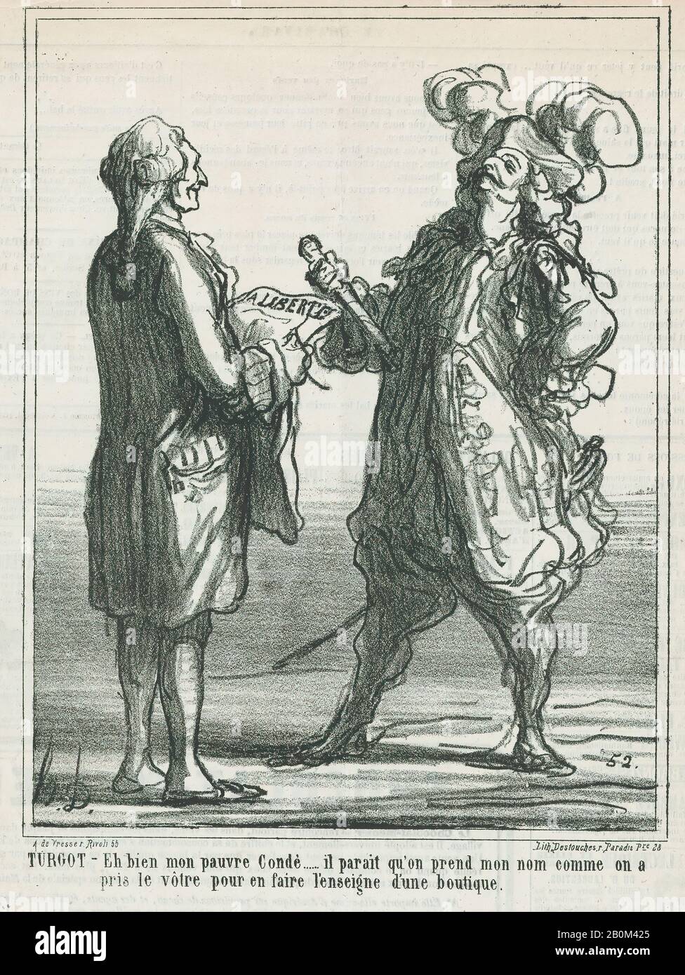 Honoré Daumier, Turgot: –Eh, Beh, il mio povero conte, sembra che prendono in prestito il mio nome come hanno preso il vostro per creare il segno di un negozio, da 'News del giorno,' pubblicato in le Charivari, 7 ottobre 1867, 'News del giorno' (Actualités), Honoré Daumier (Francese, Marsiglia 1808–1879 Valmondois), 7 ottobre 1867, litografia su carta da giornale; secondo stato di due (Delteil), immagine: 10 3/16 × 7 13/16 in. (25,8 × 19,8 cm), foglio: 14 3/16 × 11 5/16 in. (36 × 28,8 cm), stampe Foto Stock