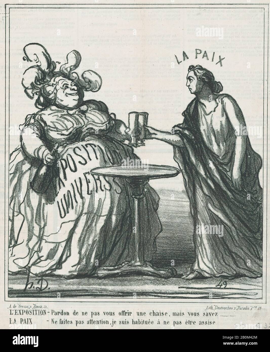 Honoré Daumier, la fiera del mondo: Perdonami per non offrirLe una sedia, ma sai, Pace: Non preoccuparti, non sono abituato a stare seduto, da 'Notizie del giorno,' pubblicato in le Charivari, 16 settembre 1867, 'Notizie del giorno' (Actualités), Honoré Daumier (francese, Marsiglia 1808–1879 Valmondois), 16 settembre 1867, Lithograph su carta da giornale; secondo stato di due (1/4 Delteil Image, × 7/16. (24 × 21 cm), foglio: 11 9/16 × 9 1/2 in. (29,4 × 24,1 cm), stampe Foto Stock