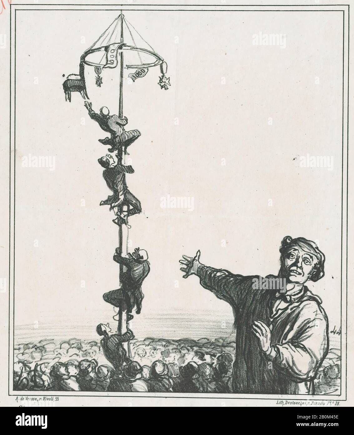 Honoré Daumier, questo è solo un modo per sforzare la schiena, da 'News of the day', pubblicato in le Charivari, 28 agosto 1868, 'News of the day' (Actualités), Honoré Daumier (francese, Marsiglia 1808–1879 Valmondois), 28 agosto 1868, Litograph, penna e inchiostro marrone, rosso, grafite su carta da giornale; Secondo stato di due, prova (Delteil), immagine: 9 11/16 × 8 1/4 in. (24,6 × 21 cm), foglio: 14 1/4 × 10 13/16 in. (36,2 × 27,4 cm), stampe Foto Stock