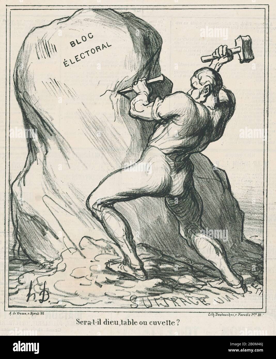 Honoré Daumier, Sarà Dio, un tavolo, o un bacino?, da 'Notizie del giorno', pubblicato in le Charivari, 12 aprile 1869, 'Notizie del giorno' (Actualités), Honoré Daumier (francese, Marsiglia 1808–1879 Valmondois), 12 aprile 1869, Litograph su carta da giornale; immagine del terzo stato: Delteil 16 (Delteil). × 8 poll. (23,9 × 20,3 cm), foglio: 11 5/8 × 11 9/16 in. (29.5 × 29.4 cm), stampe Foto Stock