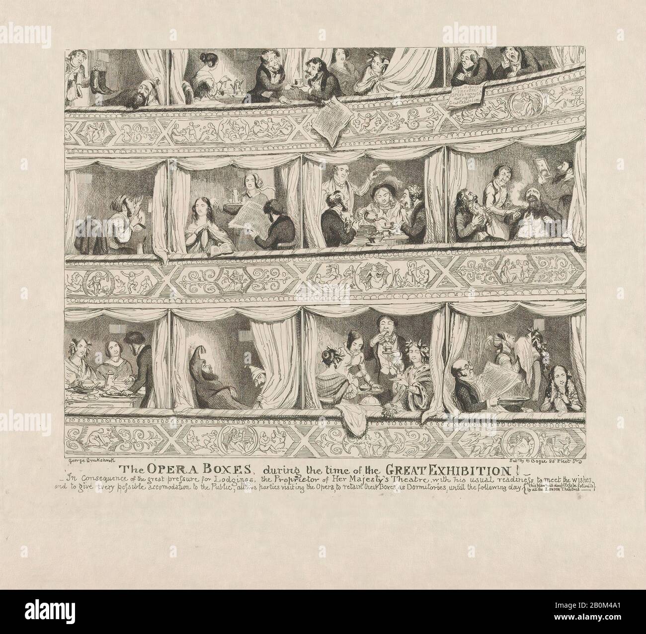 George Cruikshank, The Opera Boxes Durante Il Periodo Della Grande Mostra?, La Grande Mostra Di Mayhew Del 1851, George Cruikshank (Londra 1792–1878 Londra), 1851, Incisione, Piatto: 8 1/2 × 11 3/8 In. (21,6 × 28,9 cm), foglio: 12 1/2 × 19 11/16 in. (31,8 × 50 cm), stampe Foto Stock