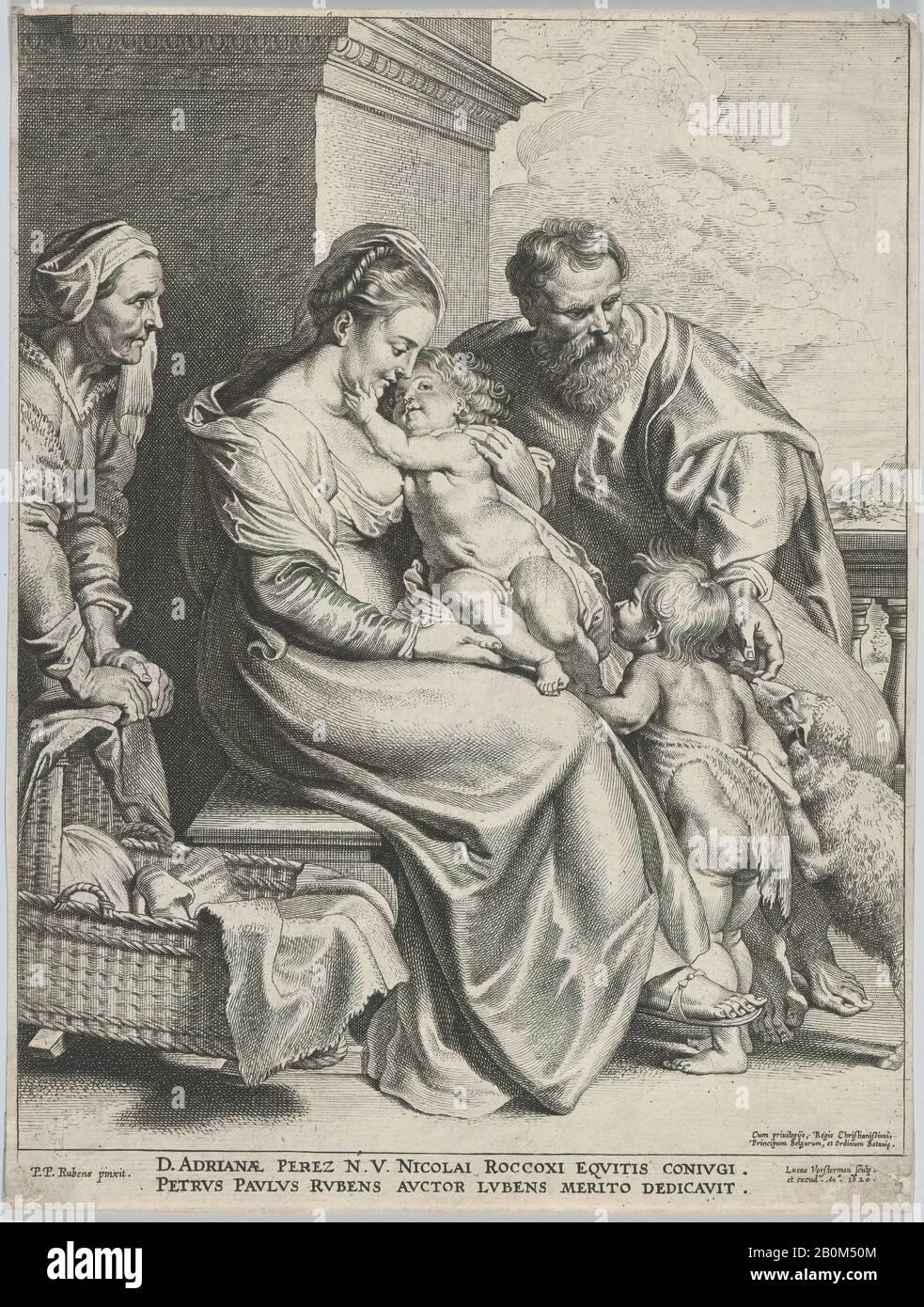 Lucas Vorsterman i, la Sacra Famiglia con Santa Elisabetta e Giovanni Battista come Bambino, Dopo Peter Paul Rubens (fiammingo Siegen 1577–1640 Anversa), 1620, incisione; terzo stato di cinque (Hollstein), foglio (Rifilato): 10 1/2 × 7 15/16 in. (26,7 × 20,2 cm), stampe Foto Stock