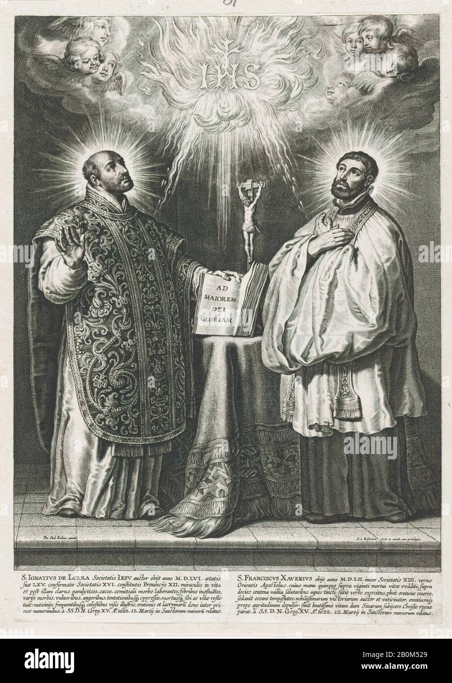 Schelte Adams À Bolswert, San Francesco Saverio E San Ignazio Di Loyola, Dopo Peter Paul Rubens (Fiammingo Siegen 1577–1640 Anversa), Ca. 1633–59, incisione; secondo stato di due, foglio (Rifilato): 13 7/16 × 9 1/2 in. (34,2 × 24,1 cm), stampe Foto Stock