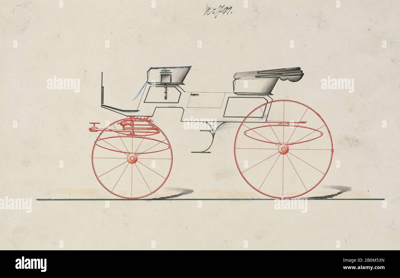 Brewster & Co., Design for Phaeton, no 701, Brewster & Co. (American, New York), 1850–74, inchiostro a penna e nero, acquerello e gouache, foglio: 6 x 9 1/4 in. (15,2 x 23,5 cm), Disegni Foto Stock