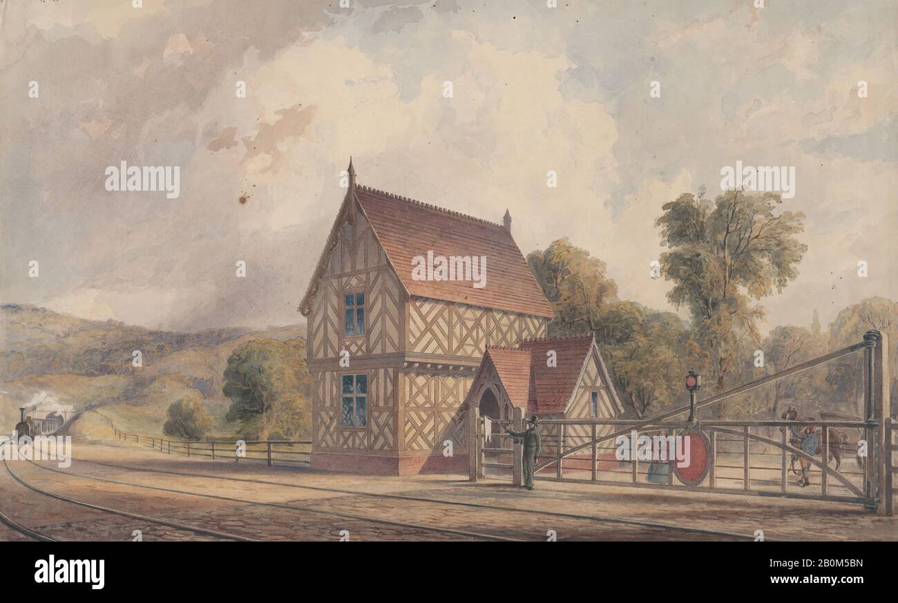 John Connell Ogle, Tudor Style Rural Train Station And Railroad Crossing, John Connell Ogle (British, 1813–1877 Londra), 1844–77, Watercolor, Foglio: 12 3/16 × 19 11/16 In. (31 × 50 cm Foto Stock