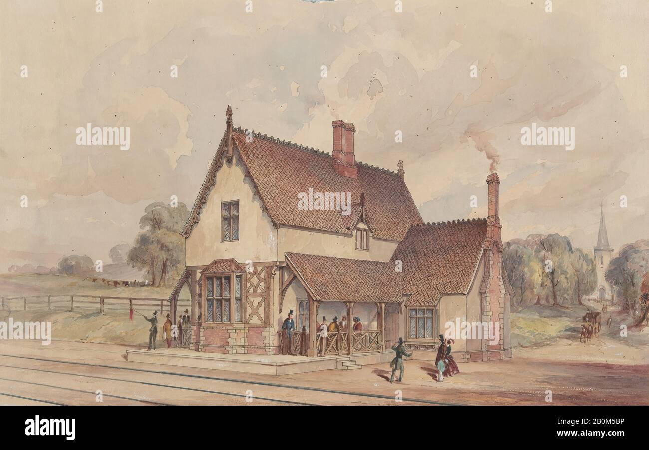 John Connell Ogle, Victorian Rural Train Station and Railroad Crossing, John Connell Ogle (British, 1813–1877 Londra), 1844–77, Watercolor e penna e inchiostro, foglio: 12 1/8 × 18 1/2 in. (30,8 × 47 cm Foto Stock