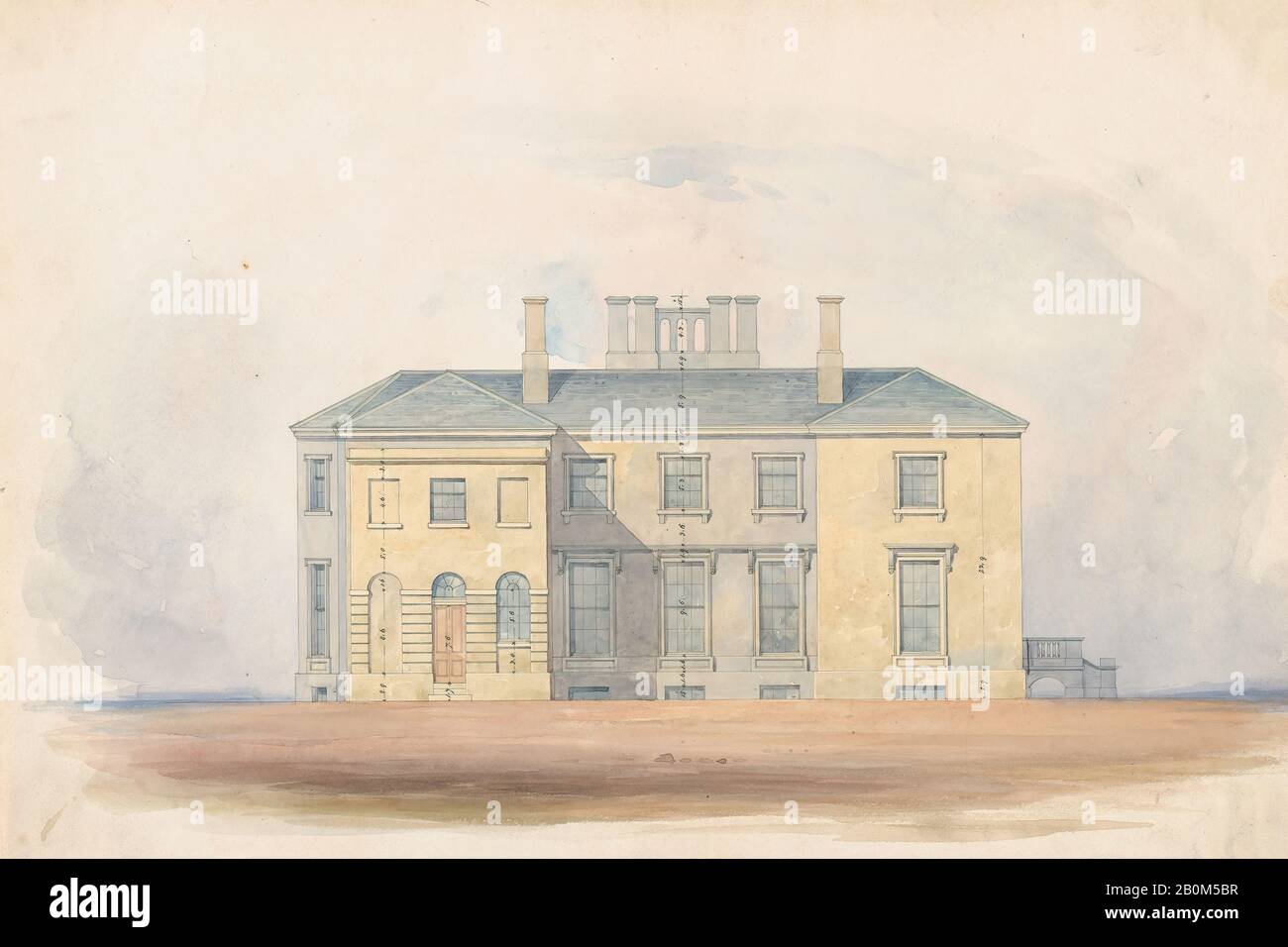 Anonimo, British, 19th secolo, Design for a Classical Country House, Back Elevation, Anonymous, British, 19th secolo, inizio 19th secolo, Watercolor e penna e inchiostro, foglio: 10 13/16 × 15 15/16 in. (27,5 × 40,5 cm Foto Stock