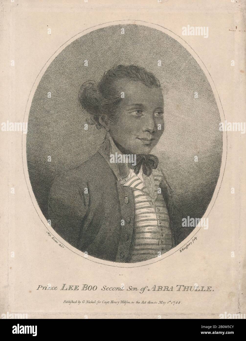 Henry Kingsbury, Prince Lee Boo, Second Son Of Abba Thulle, Henry Kingsbury (Inglese, Attivo Ca. 1775–98), Dopo Georgiana Keate (British, 1770–1850), 1° maggio 1788, Incisione E incisione A Palafitte, Piastra: 9 7/8 × 7 9/16 in. (25,1 × 19,2 cm), foglio: 10 13/16 × 8 9/16 in. (27,4 × 21,7 cm), stampe Foto Stock