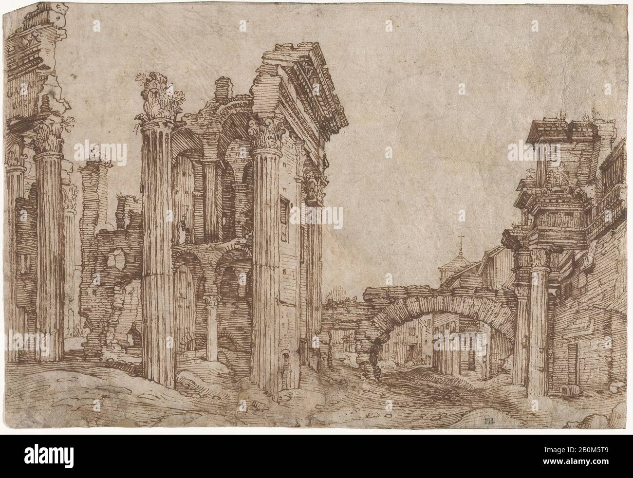 Matthijs Bril Il Più Giovane, le rovine del Forum di Nerva, Roma, visto dal Sud-Ovest, Matthijs Bril Più Giovane (Netherlandish, Anversa 1550-1583 Roma), ca. 1570–80, inchiostro a penna e marrone, foglio: 7 1/16 × 10 7/16 in. (18 × 26,5 cm), Disegni Foto Stock