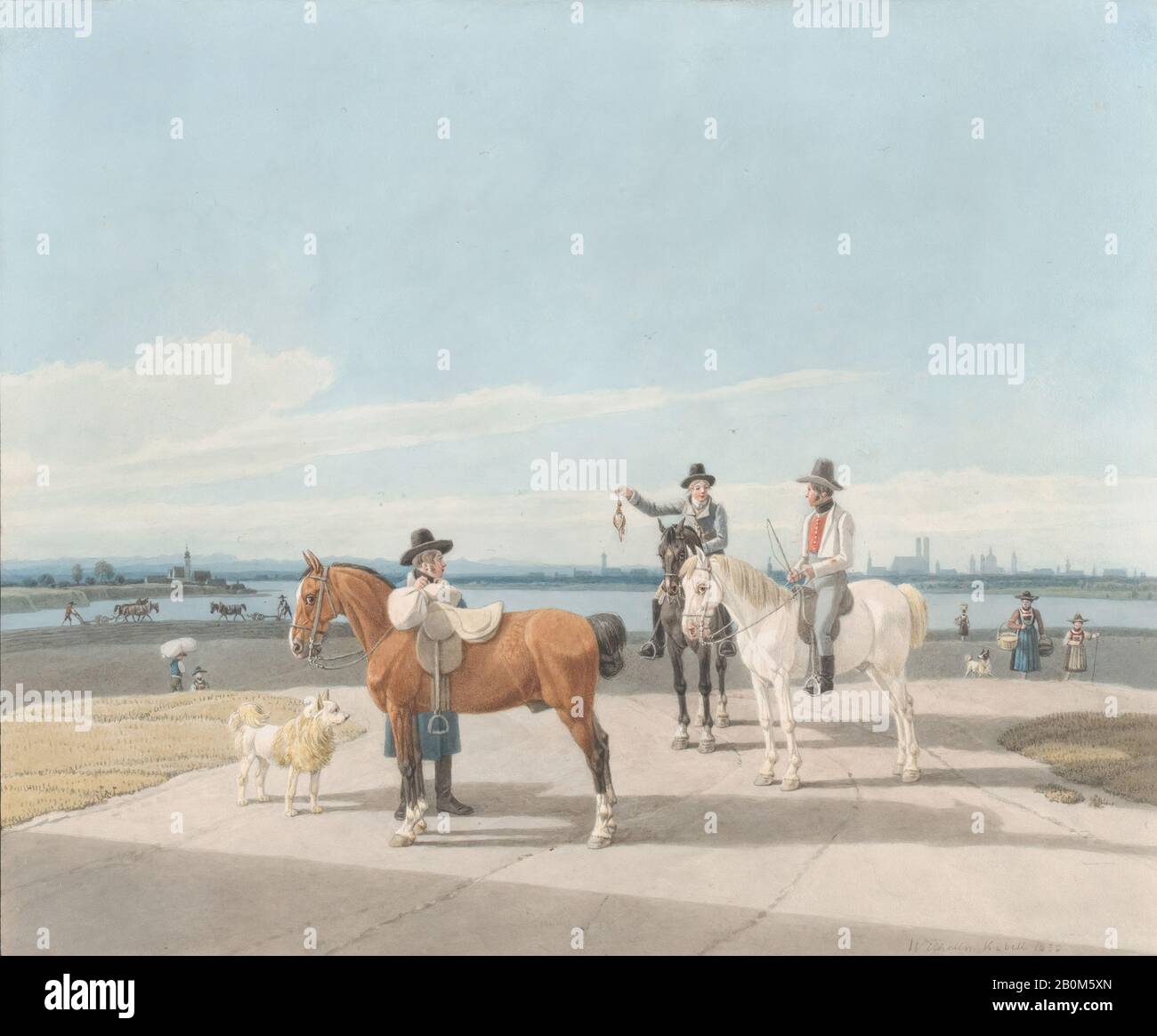 Wilhelm von Kobell, Horsemen nei pressi di Monaco, Wilhelm von Kobell (tedesco, Mannheim 1766–1853 Monaco), 1830, Watercolor, foglio: 7 3/4 × 9 7/16 in. (19,7 × 24 cm), Disegni Foto Stock