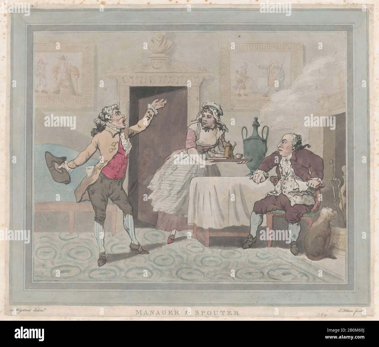 Dopo Henry Wigstead, Manager & Spouter, Dopo Henry Wigstead (British, 1745?–1800 Margate), David Garrick (British, Hereford 1717–1779 London), 1° luglio 1802, incisione A Mano, impetuino e acquatinta, foglio (rifilato e intarsiato): 12 1/2 × 14 3/4 in. (31,8 × 37,5 cm), stampe Foto Stock