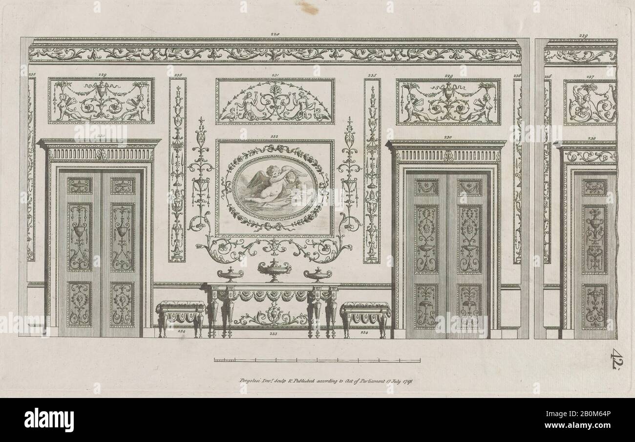 Michelangelo Pergolesi, parete Interna Ornata con porte, n° 228–239 (segni per Ornamenti Vari, pl. 42), 17 Luglio 1791, Incisione, Piastra: 17 5/8 × 10 13/16 In. (44,8 × 27,4 cm), foglio: 13 11/16 × 20 1/4 in. (34,8 × 51,5 cm), stampe Foto Stock