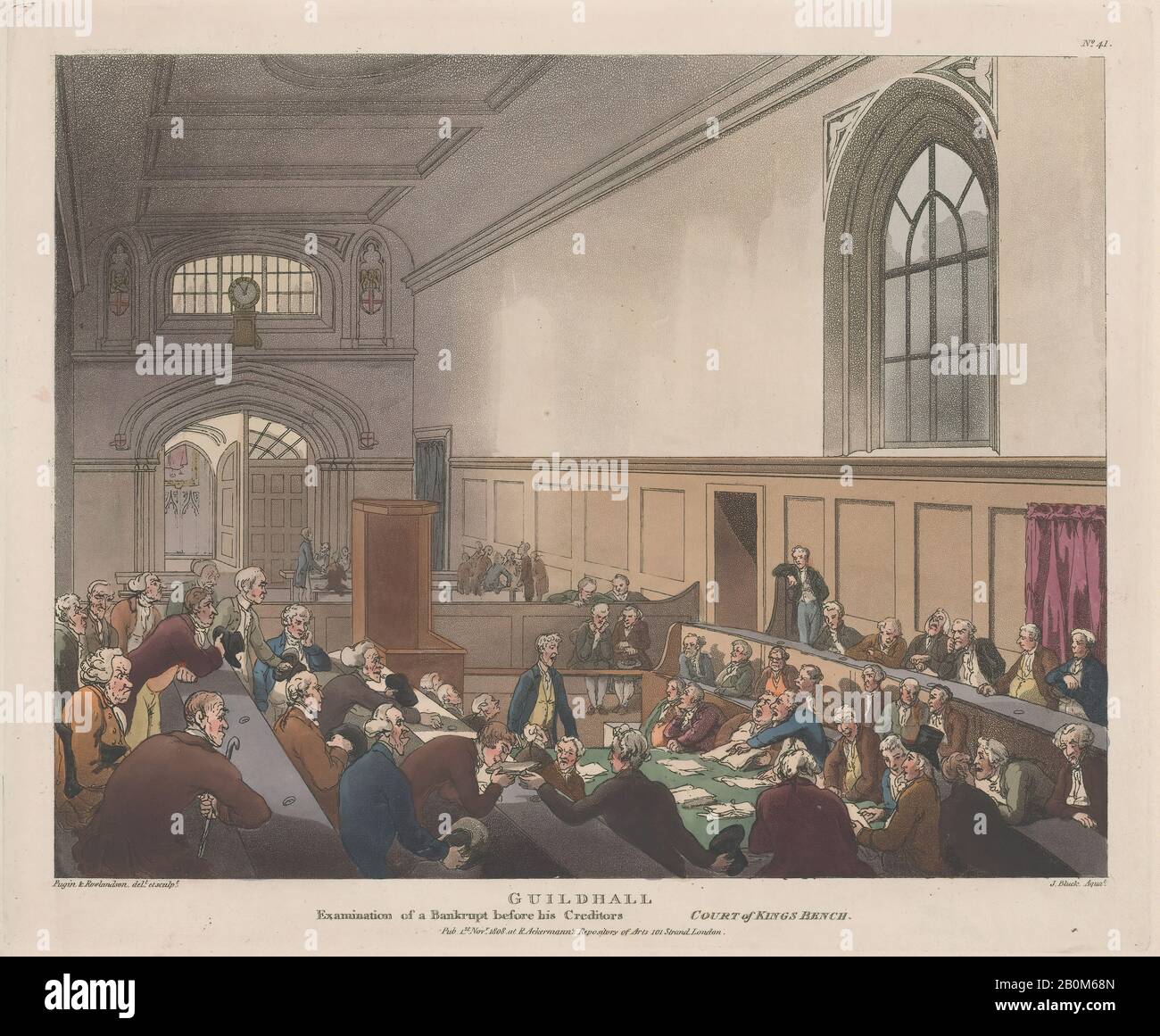 Progettato e inciso da Thomas Rowlandson, Guildhall, Esame Di Un Fallimento prima dei Suoi Creditori (Microcosmo di Londra, piastra 41), Microcosmo di Londra, pl. 41, Disegnato e inciso da Thomas Rowlandson (British, London 1757–1827 London), Disegnato e inciso da Auguste Charles Pugin (British (Born France), Paris 1768/69–1832 London), Aquatint di John Bluck (British, 1791–1832), 1 novembre 1808, acquaforte colorata A Mano e acquatint, foglio: 9 5/16 × 1/4 11 in. (23,7 × 28,5 cm), Piastra: 9 × 10 7/8 in. (22,8 × 27,6 cm), stampe Foto Stock