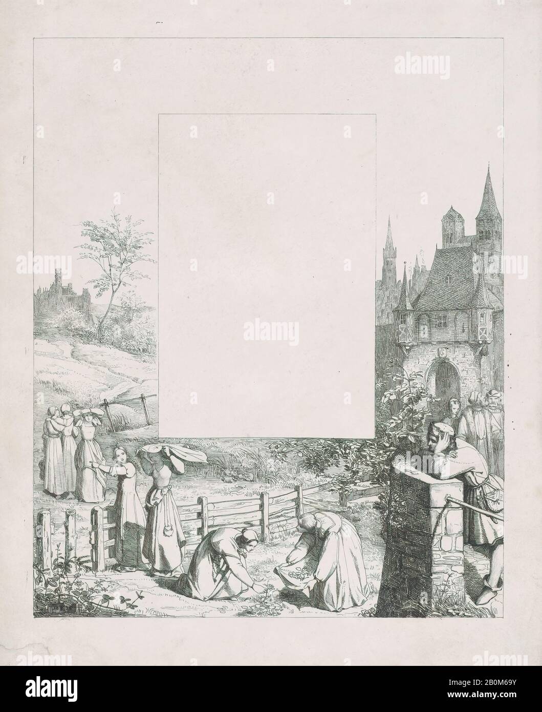 Eduard Julius Friedrich Bendemann, Piatto 5: Donne che raccolgono le piante e le trasportano sopra le loro teste, un onlooker maschio a destra e un castello a riht in background, da 'Lieder eines Malers mit Randzeichnungen seiner Freunde', 'Lieder eines Malers mit Randzeichnungen seiner Freunde', Eduard Julius Friedrich Bendemann (tedesco, Berlino 1811–1889 Düsseldorf), 1836, Incisione, immagine: 9 1/8 × 7 7/16 in. (23,2 × 18,9 cm), foglio: 10 11/16 × 8 3/4 in. (27,2 × 22,3 cm), stampe Foto Stock