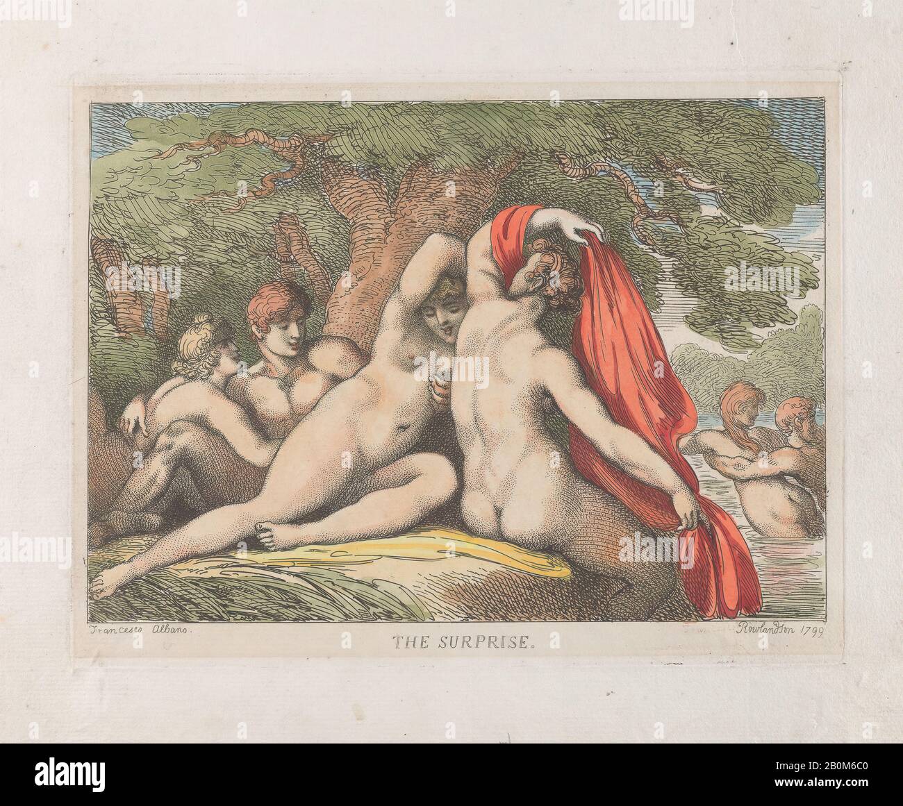 Thomas Rowlandson, La Sorpresa, Dopo Francesco Albani (Bologna 1578–1660 Bologna), 1799, Incisione A Mano, Piatto: 7 1/2 × 9 5/8 In. (19 × 24,5 cm), foglio: 9 5/8 in. × 12 poll. (24,5 × 30,5 cm), stampe Foto Stock
