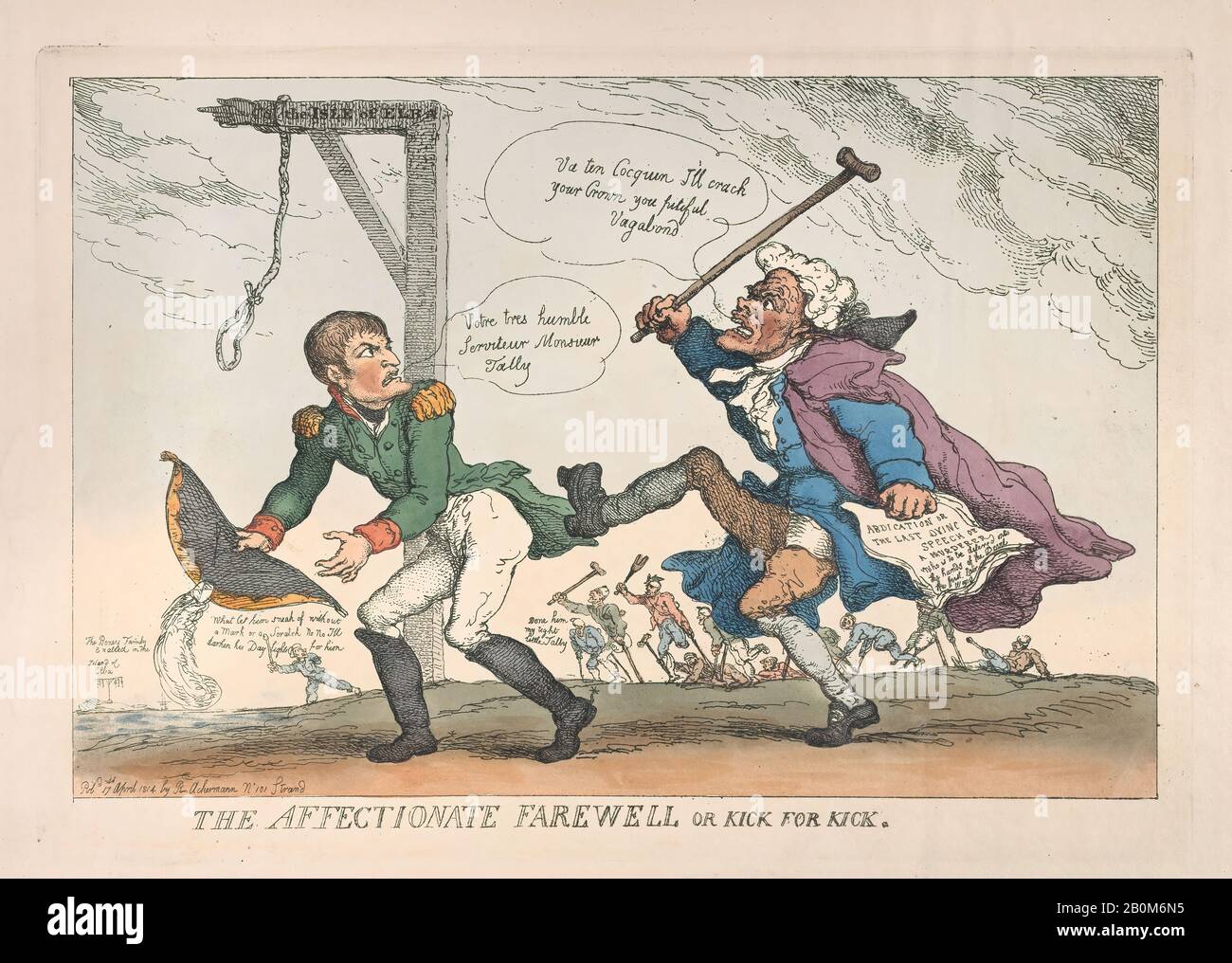 Thomas Rowlandson, L'Affettuoso Saluto, O Kick Per Kick, Thomas Rowlandson (British, London 1757–1827 London), Napoléon Bonaparte (French, Ajaccio 1769–1821 St. Helena), Charles Maurice De Talleyrand Périgord (French, Paris 1754–1838 Paris), 17 Aprile 1814, Incisione Colorata A Mano, Piatto: 9 5/8 × 13 In 5/8. (24,5 × 34,6 cm), foglio: 10 1/2 × 14 3/4 in. (26,7 × 37,4 cm), stampe Foto Stock