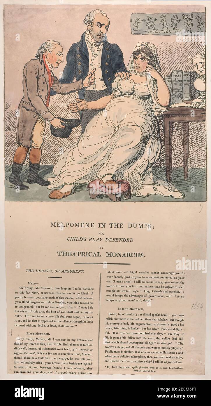 Thomas Rowlandson, Melpomene in The Dumps, o Child's Play Difeso da Monarchi Teatrali, Thomas Rowlandson (British, London 1757–1827 London), Sarah Siddons (British, Brecon, Wales 1755–1831 London), John Philip Kemble (British, Prescot, Lancashire 1757–1823 Lausanne), 1804, Hand-1/8 coloured etching and letpress in × 8. (42,9 × 23,2 cm), stampe Foto Stock Thomas Rowlandson, Melpomene in The Dumps, o Child's Play Difeso da Monarchi Teatrali, Thomas Rowlandson (British, London 1757–1827 London), Sarah Siddons (British, Brecon, Wales 1755–1831 London), John Philip Kemble (British, Prescot, Lancashire 1757–1823 Lausanne), 1804, Hand-1/8 coloured etching and letpress in × 8. (42,9 × 23,2 cm), stampe Foto Stock
