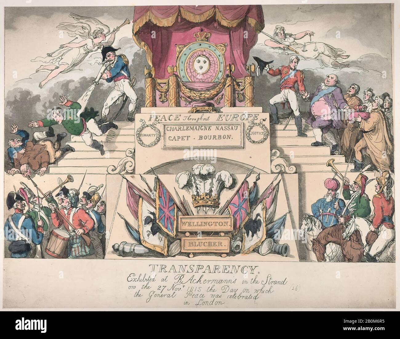 Thomas Rowlandson, Transparency: Esposto a R. Ackermann's in the Strand il 27th novembre 1815, il giorno In cui la Pace Generale Fu Celebrata a Londra, Thomas Rowlandson (Londra 1757–1827), Napoléon Bonaparte (Francia, Ajaccio 1769–1821 St. Helena), Gebhard Leberecht von Blücher, Arthur Wellesley, 1st duca di Wellington (Inglese, 1769–1852), Luigi XVIII, re di Francia (francese, Versailles 1755–1824 Parigi), 27 novembre 1815, incisione A Mano, foglio: 10 1/2 × 13 3/4 in. (26,7 × 34,9 cm), stampe Foto Stock