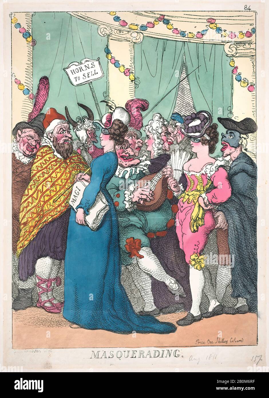 Thomas Rowlandson, Masquerading, Thomas Rowlandson (British, London 1757–1827 London), 30 Agosto 1811, Incisione A Mano, Foglio: 13 9/16 × 9 3/4 In. (34,4 × 24,8 cm), stampe Foto Stock