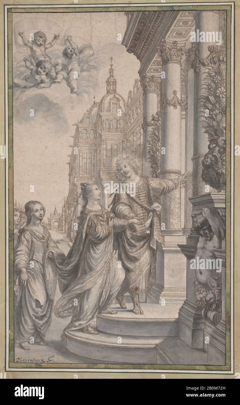 Grégoire Huret, Design per Una Frontespiece: Un uomo Che Guida una donna Incoronata e i suoi assistenti all'ingresso di un palazzo, Grégoire Huret (francese, Lione 1606–1670 Parigi), ca.1640–60, penna e inchiostro marrone, pennello e lavaggio grigio su tracce di gesso nero, foglio: 16 3/4 × 10 in 1/8 (42,5 × 25,7 cm), Disegni Foto Stock