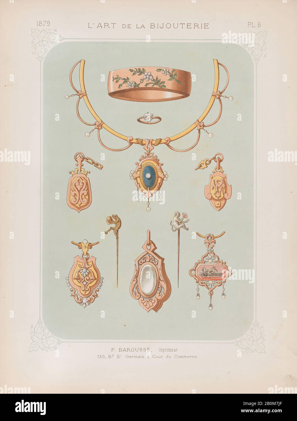 Jean Francois Barousse, Jewelry Designs in Gold and Rose Gold, Plate 5 di 'l'Art de la Bijouterie', 1879, litografia a colori, foglio: 14 1/4 × 10 13/16 in. (36,2 × 27,5 cm Foto Stock