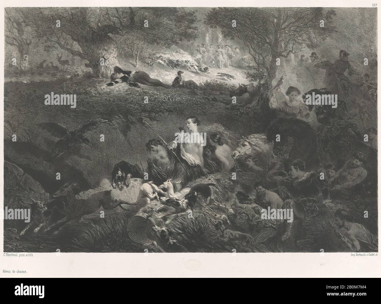 Célestin Nanteuil, Dreams Of Hunting, Célestin Nanteuil (Francia (Italia), Roma 1813–1873 Bourron-Marlotte), 1858, Lithograph, Foglio: 11 5/16 × 17 1/4 In. (28,7 × 43,8 cm), stampe Foto Stock