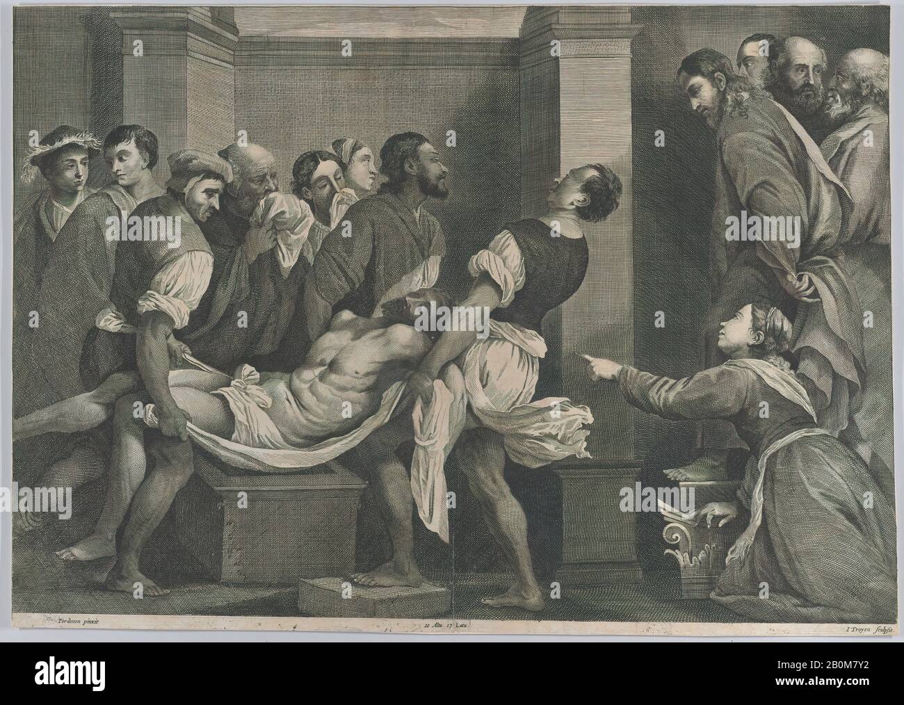 Jan van Troyen, la raccolta di Lazzaro, che è portata da tre uomini a sinistra, mentre sua sorella e Cristo guardano a destra; da "Theatrum Pictorium", dopo Pordenone, Jan van Troyen (fiammingo, Bruxelles ca. 1610–dopo il 1666), relatore intermediale David Teniers Il Giovane (fiammingo, Anversa 1610–1690 Bruxelles), Dopo Giovanni Antonio da Pordenone (Giovanni Antonio de Sacchis) (Pordenone 1483?–1539 Ferrara), ca. 1656–60, Incisione e Incisione, foglio (Rifilato): 14 1/8 × 19 3/4 in. (35,8 × 50,2 cm), stampe Foto Stock
