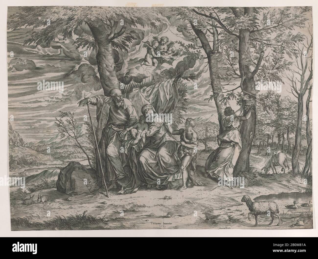 Martino Rota, il resto in volo per l'Egitto, Martino Rota (italiano, ca. 1520–1583 (Venezia attiva, Graz, Vienna e Praga), Dopo Tiziano (Tiziano Vecellio) (italiano, Pieve di Cadore ca. 1485/90?–1576 Venezia), 1569, Incisione, Foglio (Rifilato): 12 5/8 × 17 3/16 In. (32 × 43,6 cm), stampe Foto Stock