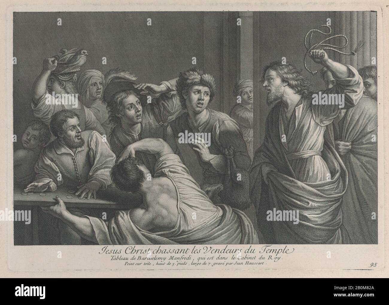 Jean-Baptiste Haussard, Cristo che guida i mercanti dal tempio, Jean-Baptiste Haussard (francese, Parigi 1679 o 1680–1749 Parigi), Dopo Bartolomeo Manfredi (italiano, Ostiano 1582–1622 Roma), ca. 1729, Incisione e Incisione, Piastra: 9 5/16 × 13 1/4 in. (23,7 × 33,7 cm), foglio: 20 7/8 × 15 1/4 in. (53,1 × 38,7 cm), stampe Foto Stock