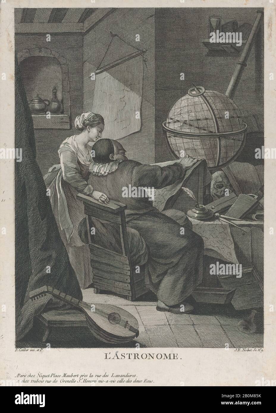 Jean Edme Nouchez, l'Astronome, Jean Edme Nouchez (francese, Parigi, 1736), Dopo François Cotiber (francese, attivo 18th secolo), 1750–1800, Acquaforte, foglio (Rifilato): 9 13/16 × 7 1/16 in. (24,9 × 17,9 cm), stampe Foto Stock