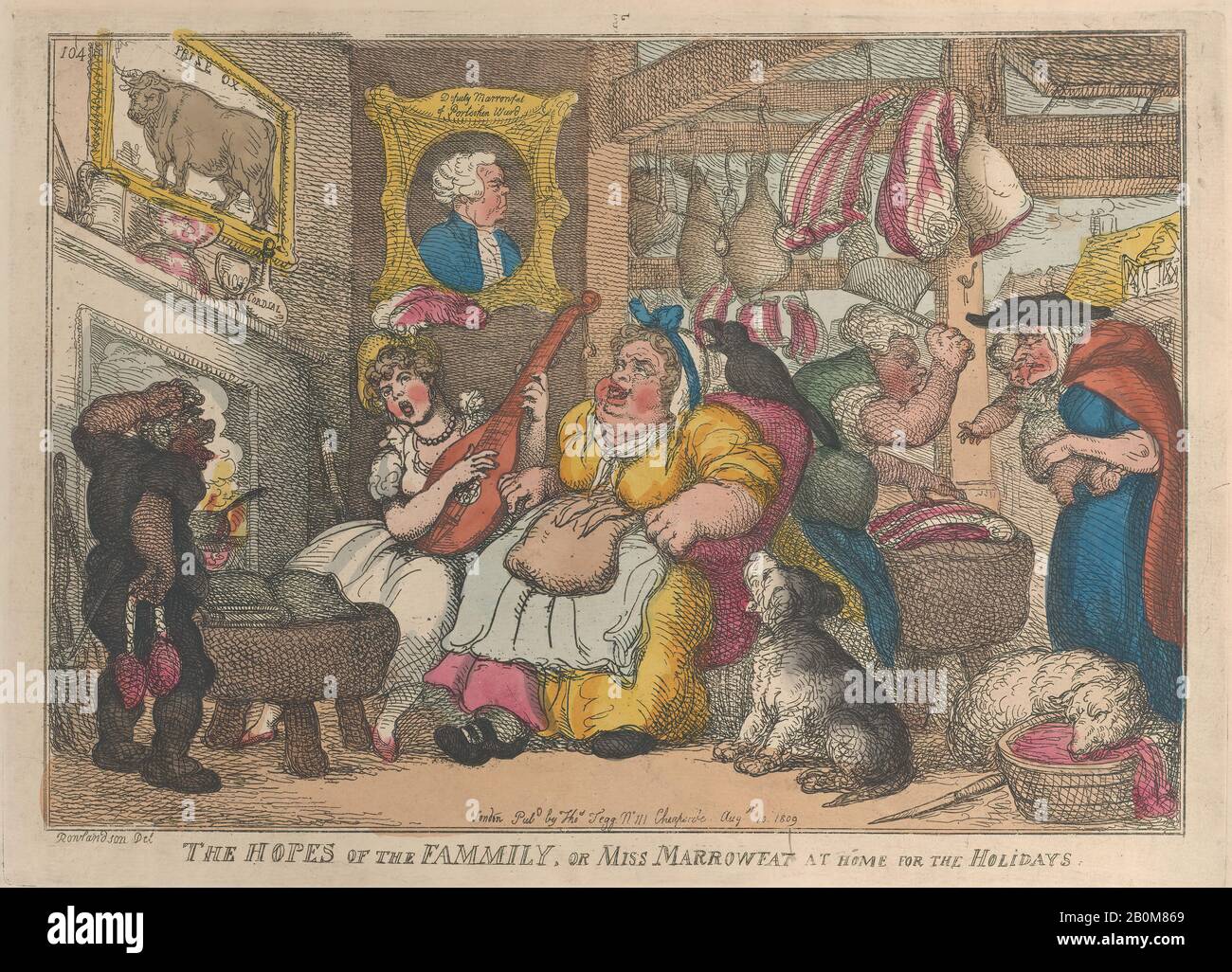 Thomas Rowlandson, Le Speranze della famiglia, o Miss Marrowfat a casa per le vacanze, Thomas Rowlandson (British, Londra 1757–1827 Londra), 10 agosto 1809, Incisione A Mano, Piatto: 9 13/16 × 13 11/16 in. (24,9 × 34,7 cm), foglio: 10 3/8 × 14 1/16 in. (26,4 × 35,7 cm), stampe Foto Stock