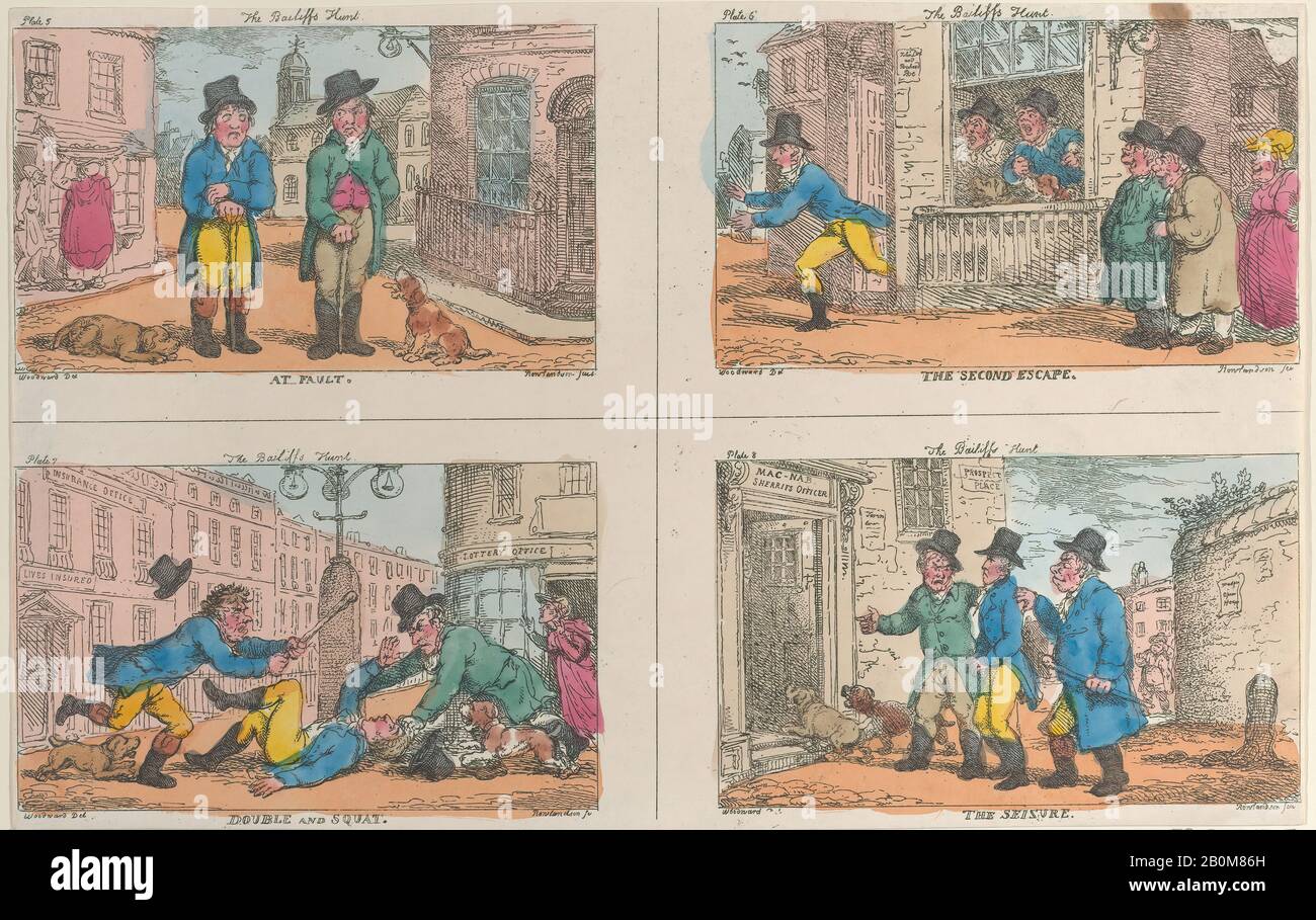 Thomas Rowlandson, The Bailiff'S Hunt: At Fault, The Second Escape, Double And Squat, And The Jecaing, Thomas Rowlandson (Londra 1757–1827 Londra), Dopo George Moutard Woodward (Regno Unito, Ca. 1760–1809 Londra), 1809, incisione A Mano, foglio: 7 1/2 × 11 13/16 in. (19,1 × 30 cm), stampe Foto Stock