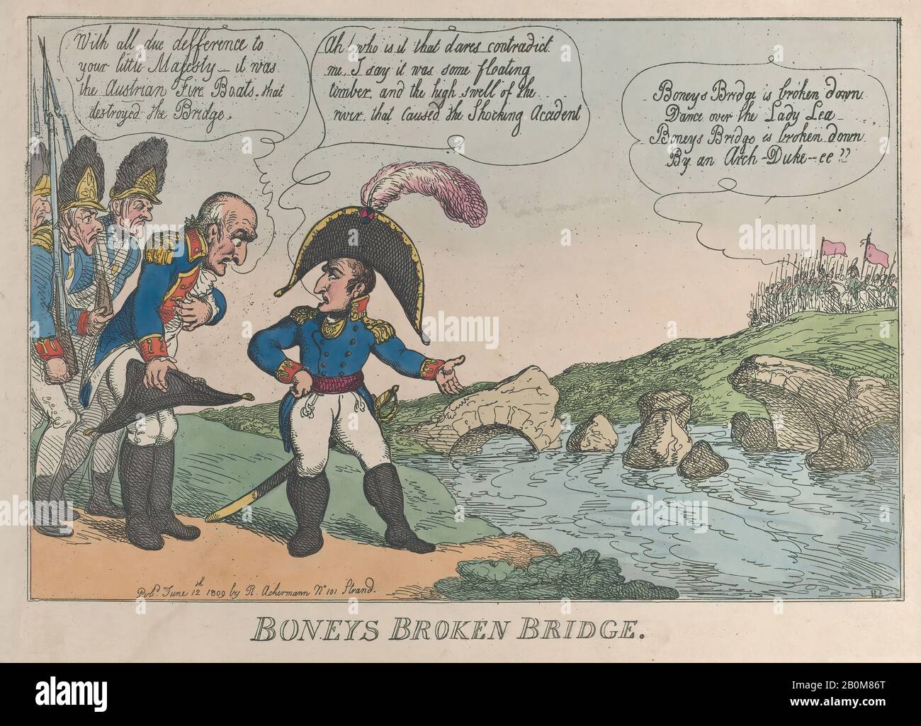 Thomas Rowlandson, Boneys Broken Bridge, Thomas Rowlandson (British, London 1757–1827 London), Napoléon Bonaparte (French, Ajaccio 1769–1821 St. Helena), Arciduca Karl Duke Di Teschen (Austrian, 1771–1847), 12 Giugno 1809, Incisione A Mano, Foglio: 10 Pollici × 14 1/8 in. (25,4 × 35,9 cm), stampe Foto Stock