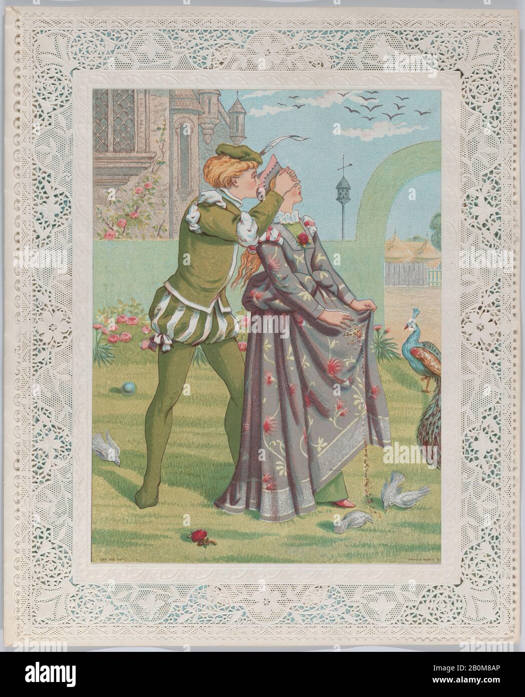 Kate Greenaway, Valentine, Kate Greenaway (Londra 1846–1901 Londra), 1876, cartoncino bianco con doratura; cromolithografia, litografia oro, carta da pizzo openwork, larghezza: 4 15/16 in. (12,5 cm), lunghezza: 6 11/16 in. (17 cm), dimensioni totali carta: 18,2 cm x 23 cm Foto Stock