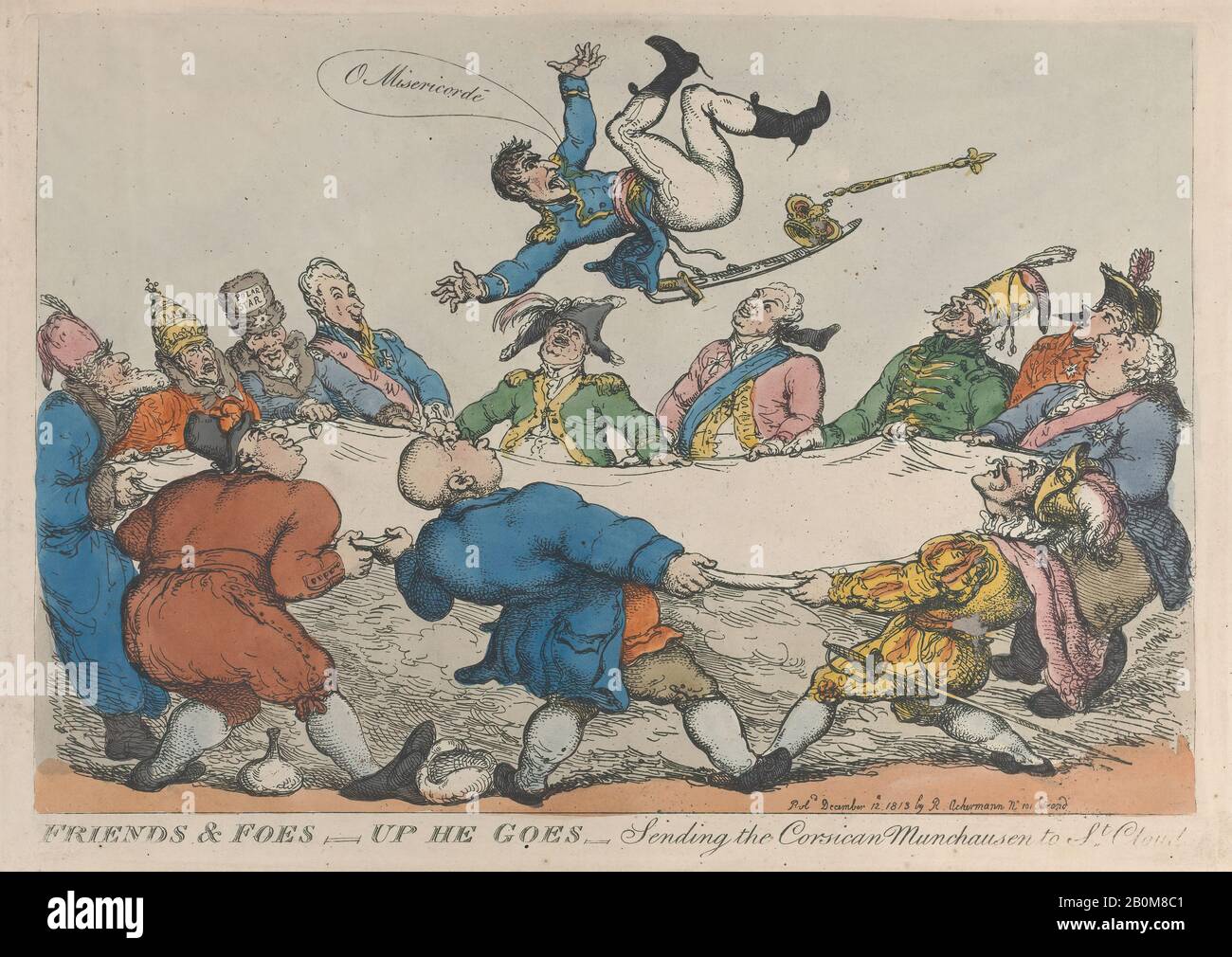 Thomas Rowlandson, Friends And Foes–Up Va A Inviare Il Corso Munchausen A St. Cloud'S, Thomas Rowlandson (British, London 1757–1827 London), Napoléon Bonaparte (French, Ajaccio 1769–1821 St. Helena), 12 Dicembre 1813, Incisione Colorata A Mano, Foglio: 10 1/4 X 14 5/16 In. (26 x 36,4 cm), stampe Foto Stock