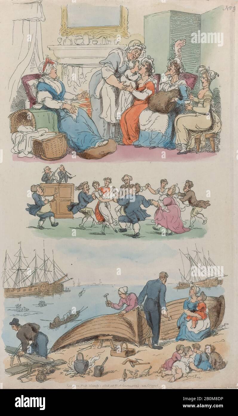 Thomas Rowlandson, Plate 4: A Lying-in Visit, A Round Dance, from 'World in Miniature', 'World in Miniature', Thomas Rowlandson (British, London 1757–1827 London), 1816, Hand-colored etching, Sheet: 9 7/16 × 6 3/4 in. (24 × 17,2 cm), stampe Foto Stock