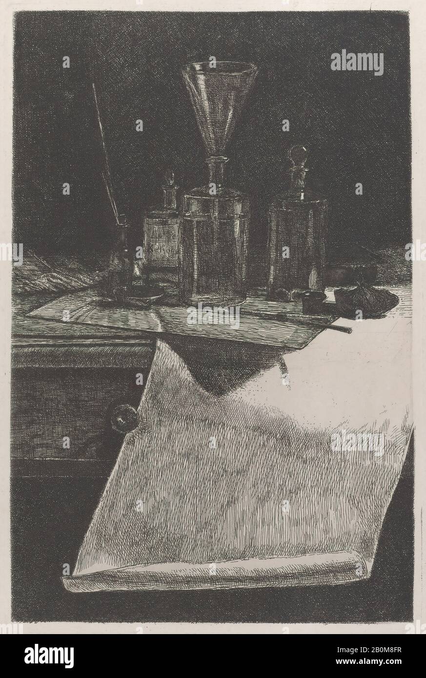 François Bonvin, Etching Tools, François Bonvin (francese, Parigi 1817–1888 Saint-Germain-en-Laye), 1861, Incisione; prova prima della scritta, foglio: 16 × 11 in. (40,6 × 28 cm), Piastra: 8 7/8 × 6 1/8 in. (22,5 × 15,5 cm), stampe Foto Stock