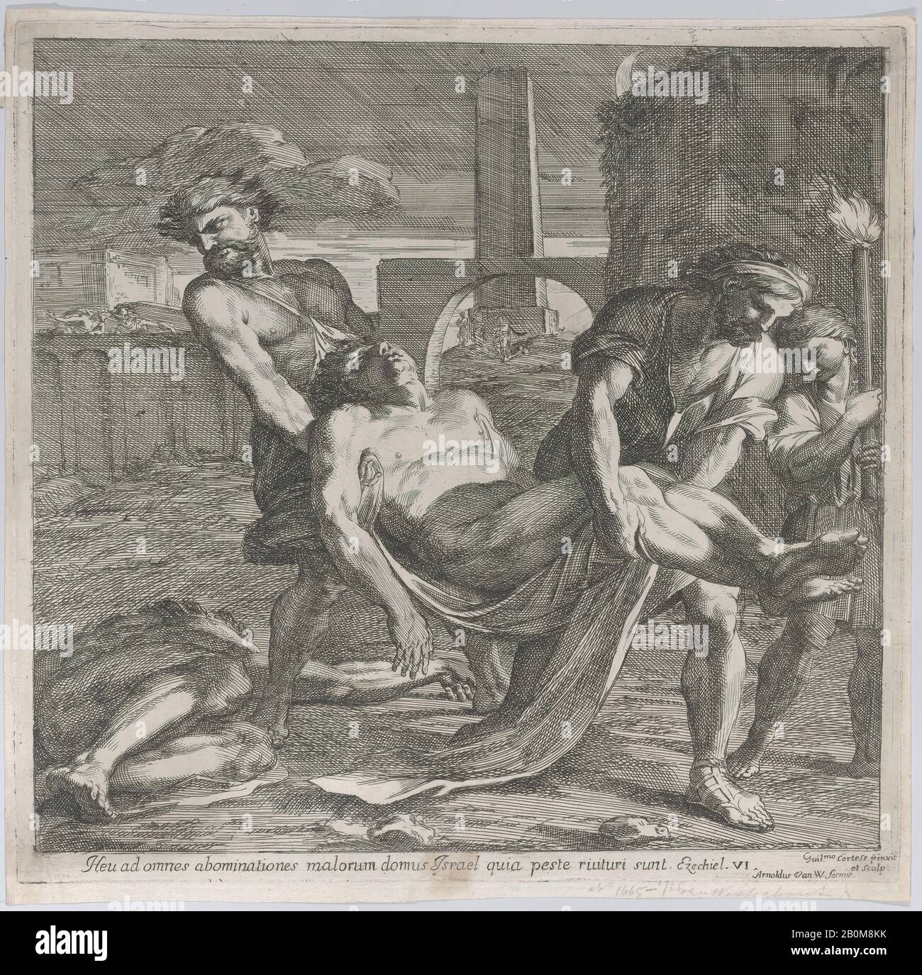 Guillaume Courtois, Abdon e Sennen, che portano fuori i primi martiri cristiani per la sepoltura, Guillaume Courtois (francese, Saint-Hippolyte 1628–1679 Roma), 1650–60, Incisione, Piatto: 11 7/8 × 12 5/16 in. (30,2 × 31,2 cm), foglio (Rifilato): 12 5/16 × 12 9/16 in. (31,2 × 31,9 cm), stampe Foto Stock